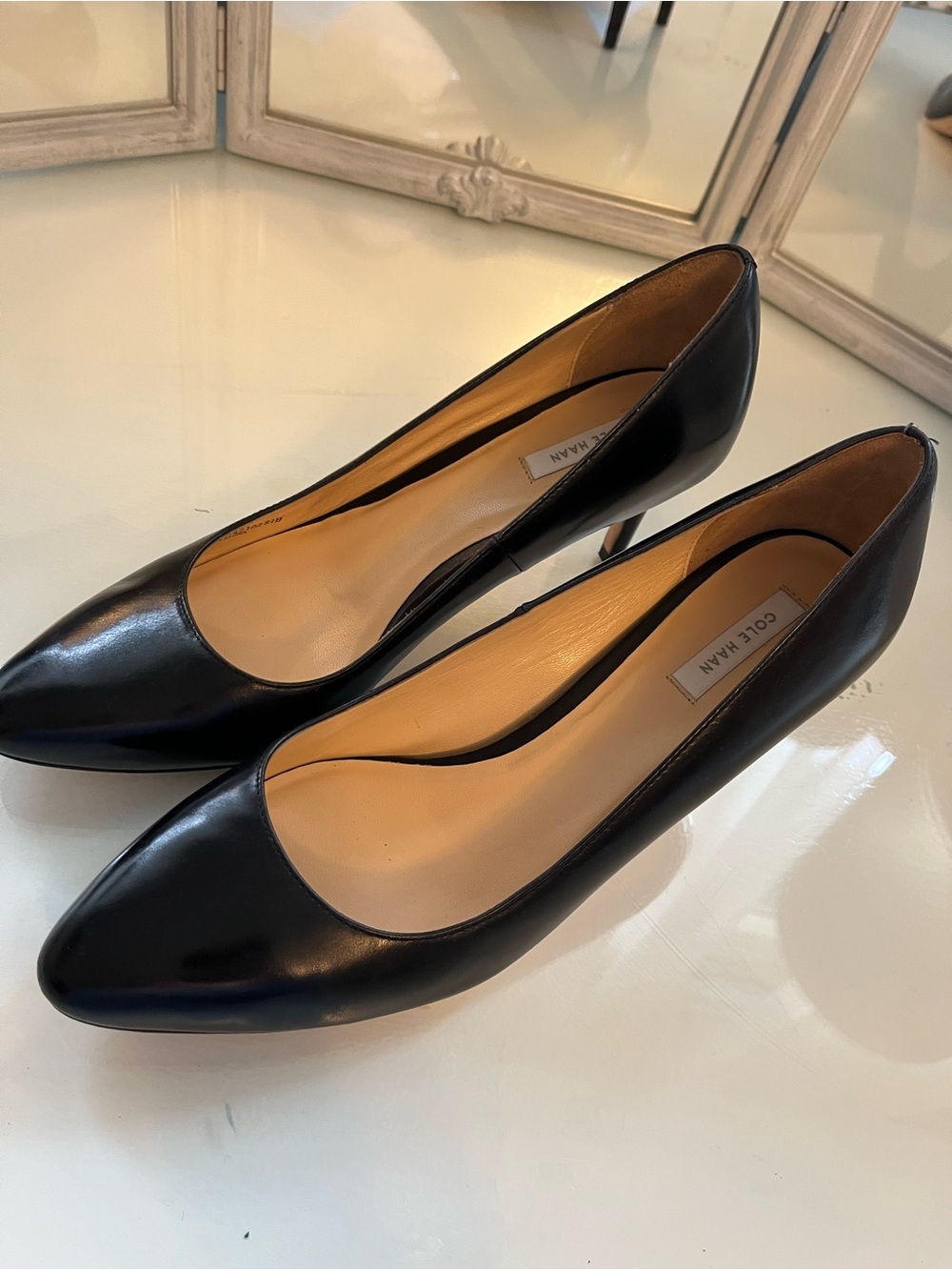 Cole Haan Black Leather Pointed-Toe High Heels - Picture 3 of 4